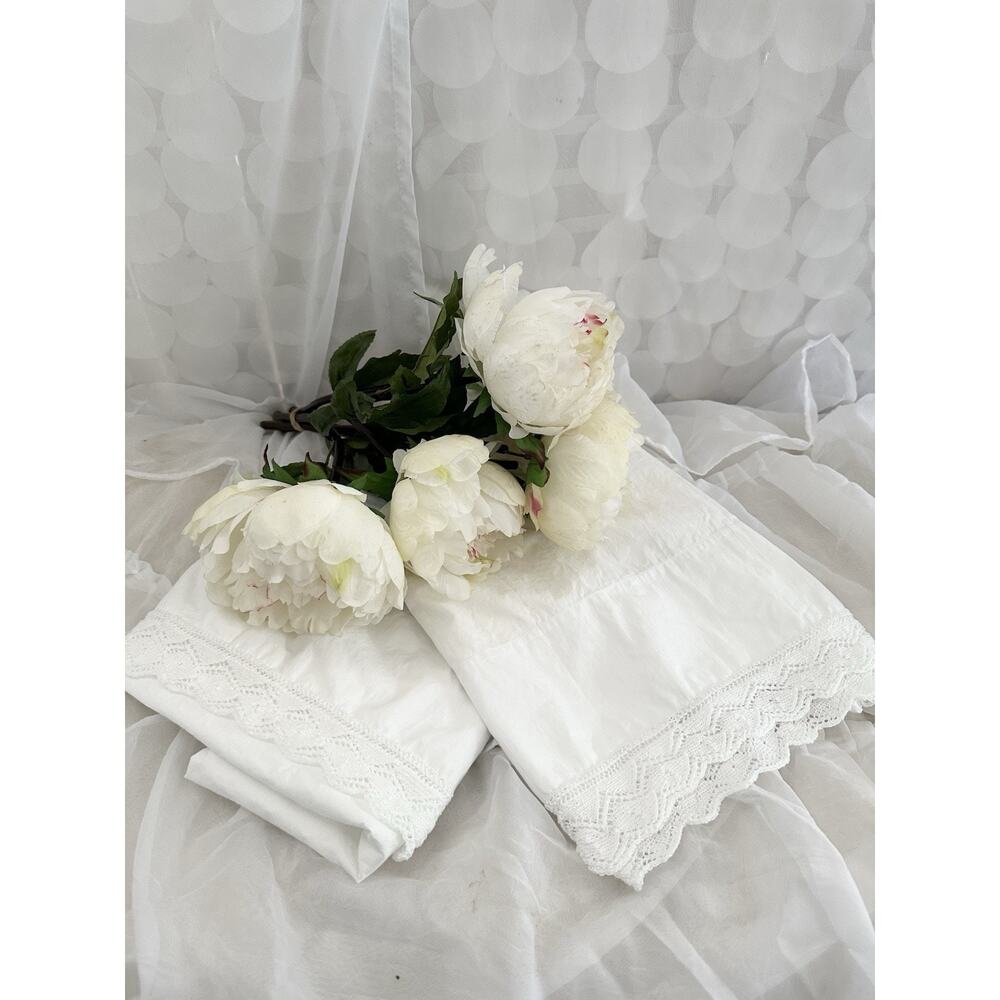 2 VTG 70’s QUEEN Pillowcases 100% Cotton CROCHETED LACE White SHABBY CHIC USA